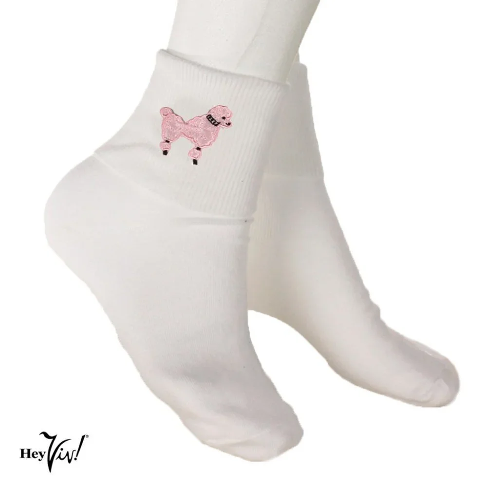 50s Style Pink Poodle White Cotton Bobby Socks - Adult Sz 9-11 - Hey Viv Retro